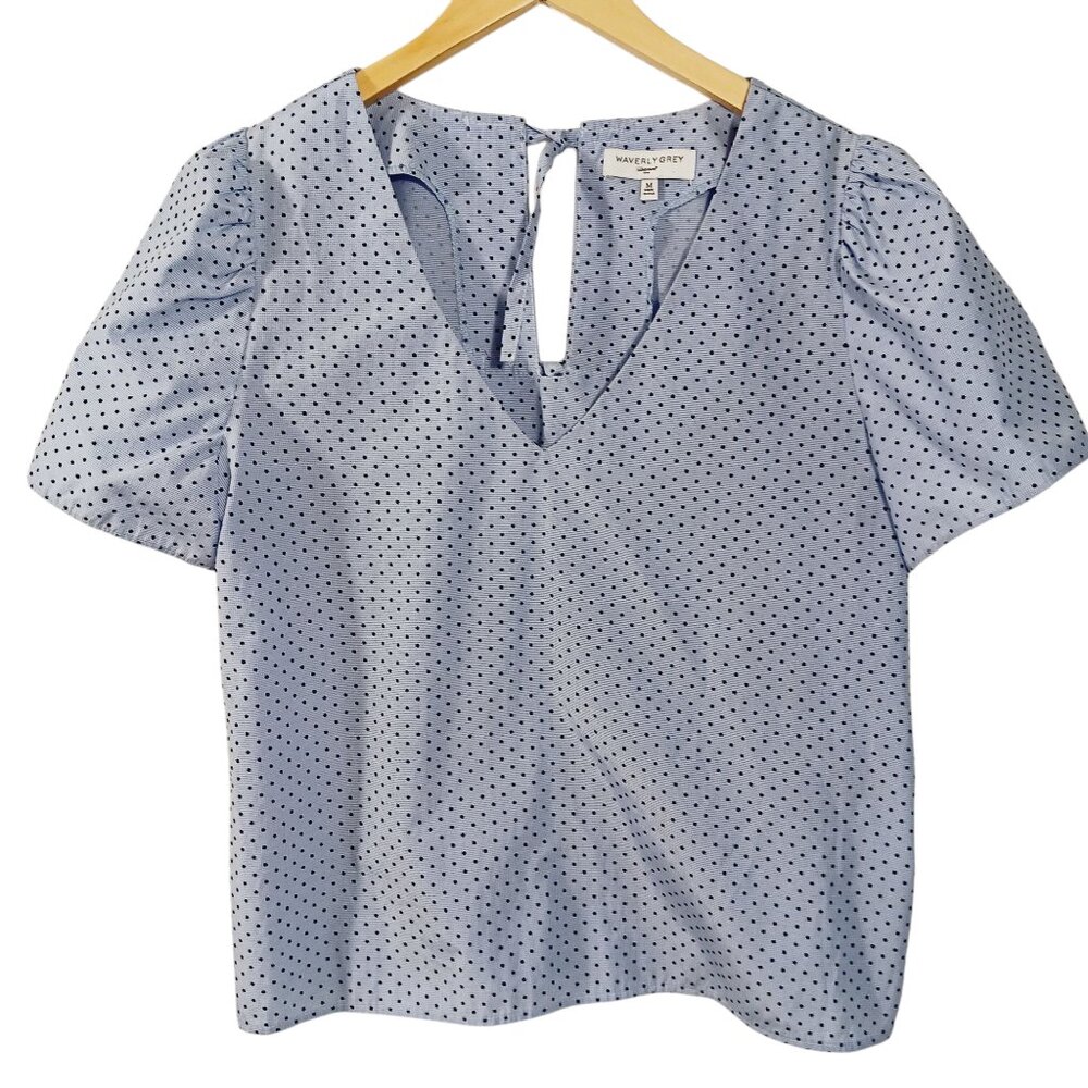 Waverly Grey Anthropologie, MED., Lt. Blue / Navy Polka Dot Top, 4 Ties on Back - Picture 3 of 14